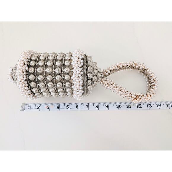 Ramla Cocktail Pearl Handmade Beaded Bag Silver Evening Clutch Purse Handbag - Picture 7 of 7